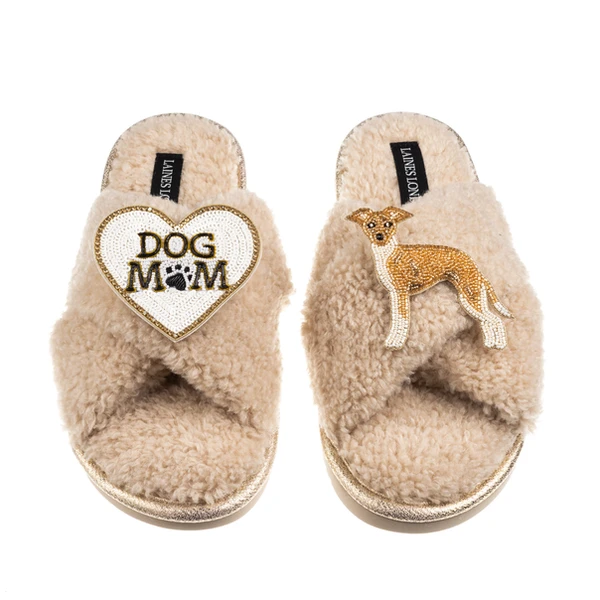 laines london Boucle Slippers With Dog Mum/Mom & Fawn & White Italian Greyhound Brooches
