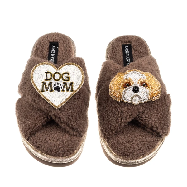 Laines London Boucle Slippers With Dog Mum/Mom & Gold & White Shih Tzu Brooches