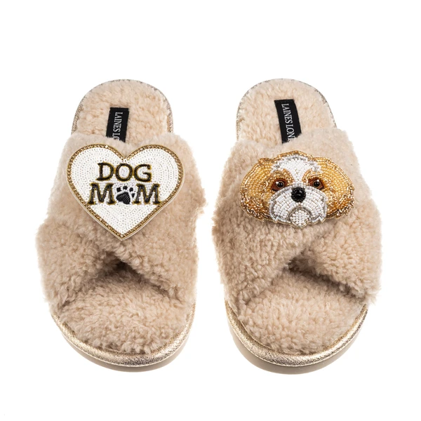 Laines London Boucle Slippers With Dog Mum/Mom & Gold & White Shih Tzu Brooches