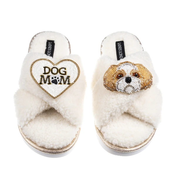 Laines London Boucle Slippers With Dog Mum/Mom & Gold & White Shih Tzu Brooches