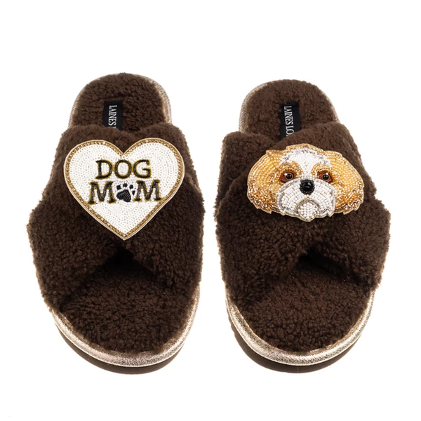 laines london Boucle Slippers With Dog Mum/Mom & Gold & White Shih Tzu Brooches