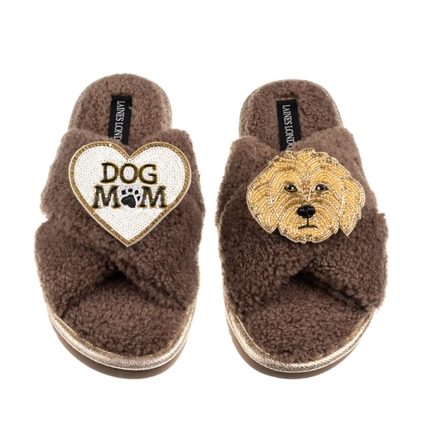 Laines London Boucle Slippers With Dog Mum/Mom & Golden Cockapoo Brooches