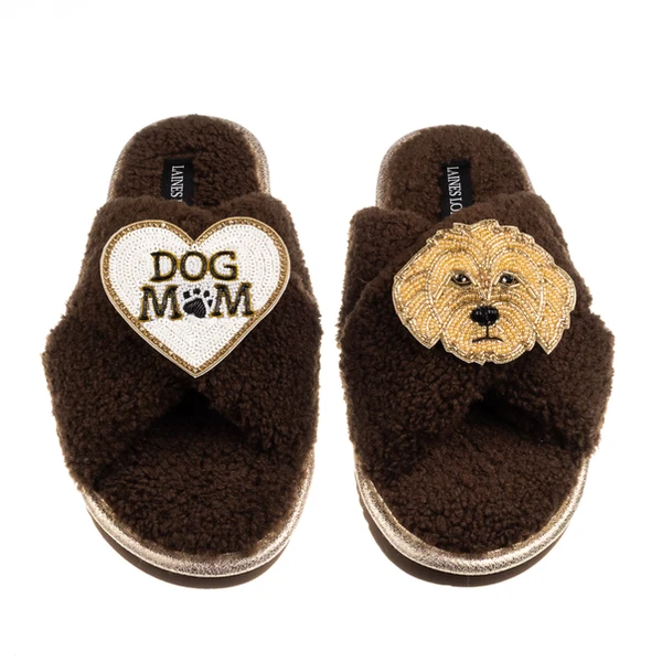 Laines London Boucle Slippers With Dog Mum/Mom & Golden Cockapoo Brooches