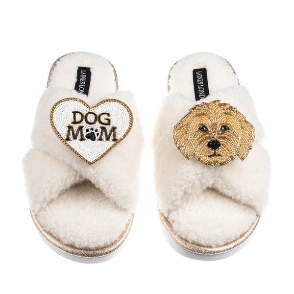 Laines London Boucle Slippers With Dog Mum/Mom & Golden Cockapoo Brooches