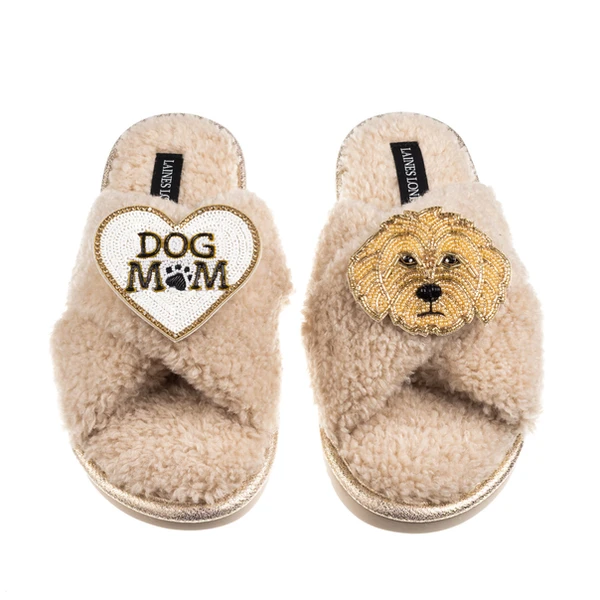 laines london Boucle Slippers With Dog Mum/Mom & Golden Cockapoo Brooches