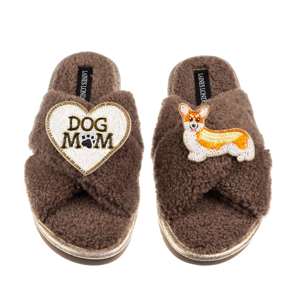 Laines London Boucle Slippers With Dog Mum/Mom & Peach The Corgi Brooches