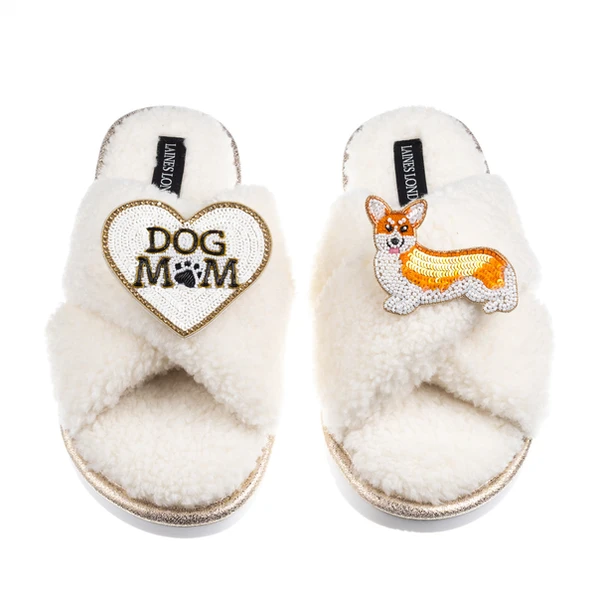 Laines London Boucle Slippers With Dog Mum/Mom & Peach The Corgi Brooches