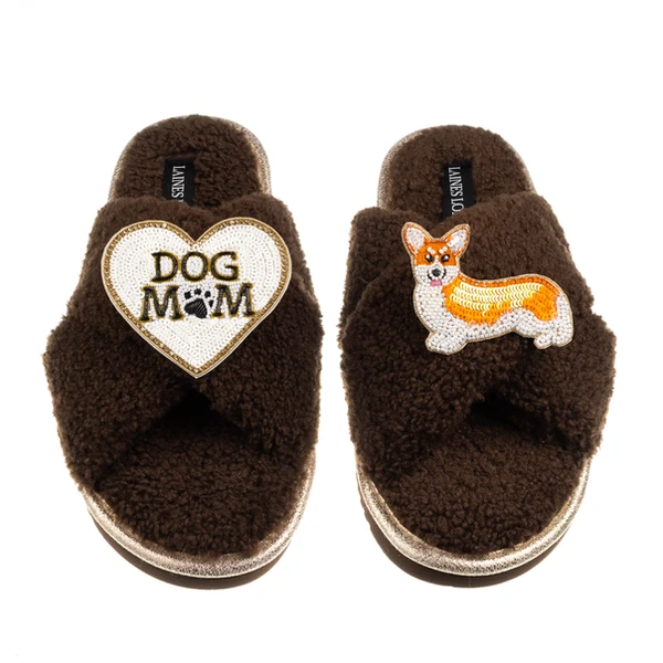 Laines London Boucle Slippers With Dog Mum/Mom & Peach The Corgi Brooches