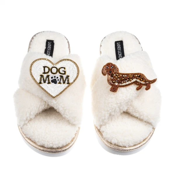 Laines London Boucle Slippers With Dog Mum/Mom & Red Dachshund Brooches
