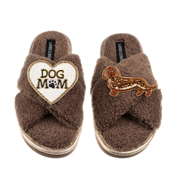 Laines London Boucle Slippers With Dog Mum/Mom & Red Dachshund Brooches