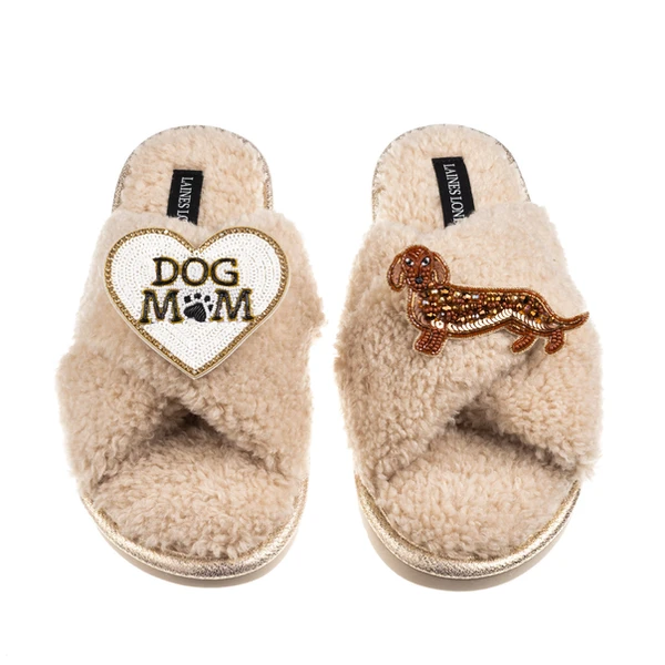 Laines London Boucle Slippers With Dog Mum/Mom & Red Dachshund Brooches