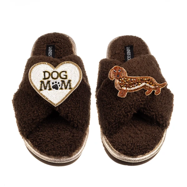 laines london Boucle Slippers With Dog Mum/Mom & Red Dachshund Brooches