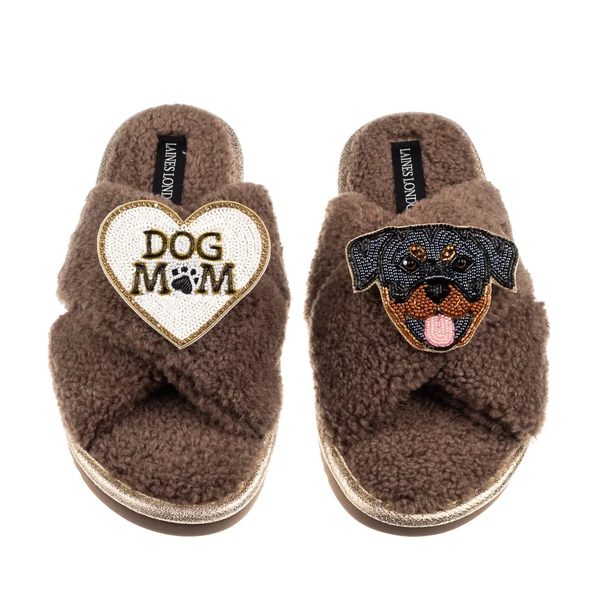 Laines London Boucle Slippers With Dog Mum/Mom & Rottweiler Brooches
