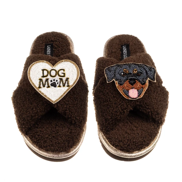 Laines London Boucle Slippers With Dog Mum/Mom & Rottweiler Brooches