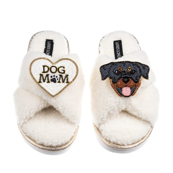 Laines London Boucle Slippers With Dog Mum/Mom & Rottweiler Brooches