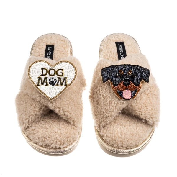 laines london Boucle Slippers With Dog Mum/Mom & Rottweiler Brooches