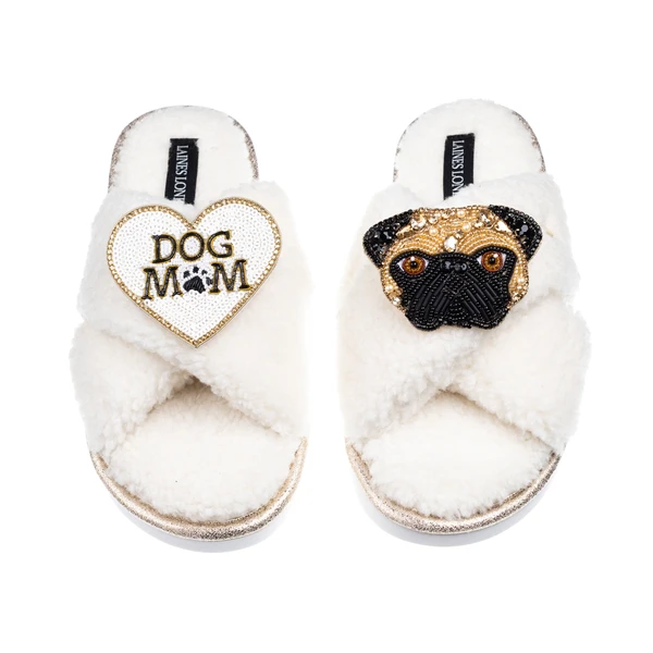 Laines London Boucle Slippers With Franki Fawn Pug & Dog Mum / Mom Brooches