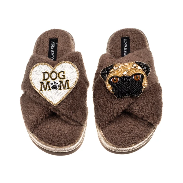 Laines London Boucle Slippers With Franki Fawn Pug & Dog Mum / Mom Brooches