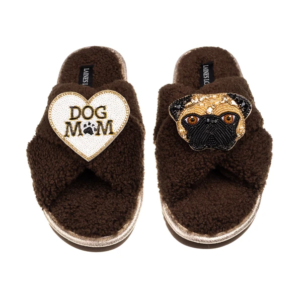 Laines London Boucle Slippers With Franki Fawn Pug & Dog Mum / Mom Brooches