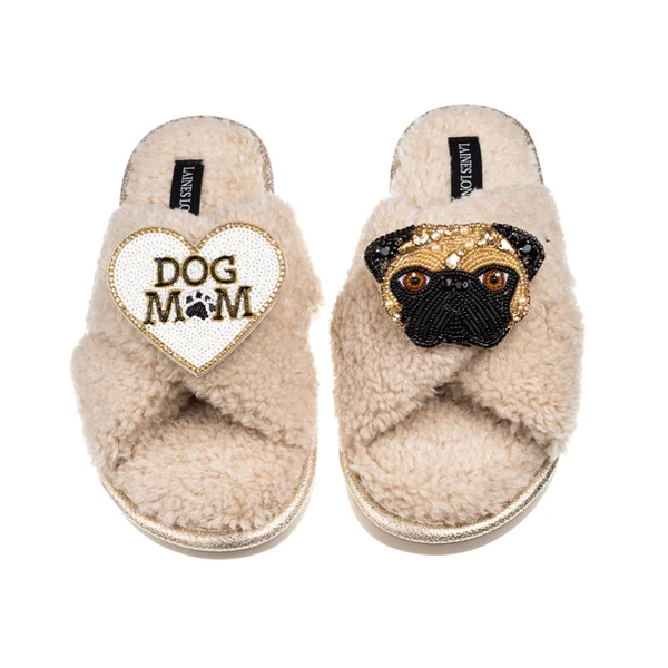 laines london Boucle Slippers With Franki Fawn Pug & Dog Mum / Mom Brooches