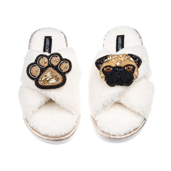 Laines London Boucle Slippers With Franki Fawn Pug & Paw Brooches