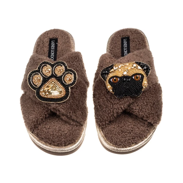 Laines London Boucle Slippers With Franki Fawn Pug & Paw Brooches