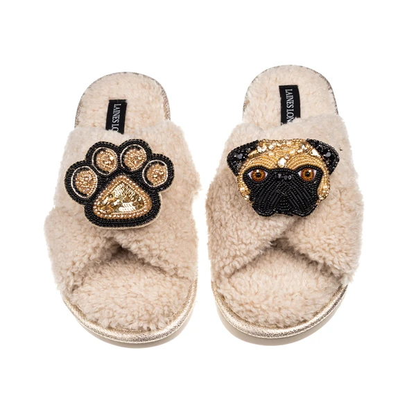 Laines London Boucle Slippers With Franki Fawn Pug & Paw Brooches