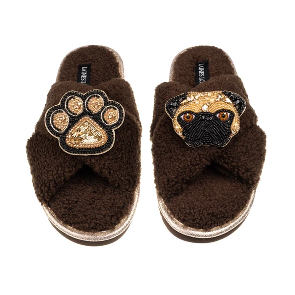 laines london Boucle Slippers With Franki Fawn Pug & Paw Brooches