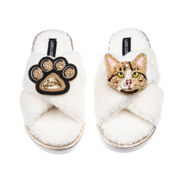 Laines London Boucle Slippers With Ginger Cat & Paw Brooches