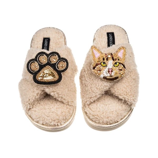 Laines London Boucle Slippers With Ginger Cat & Paw Brooches