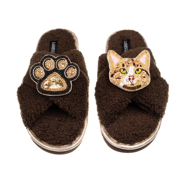 Laines London Boucle Slippers With Ginger Cat & Paw Brooches