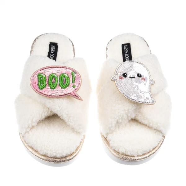 Laines London Boucle Slippers With Laines Lovables Boo The Ghost Halloween Brooches