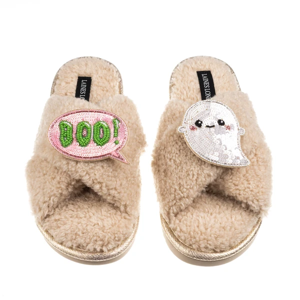 laines london Boucle Slippers With Laines Lovables Boo The Ghost Halloween Brooches
