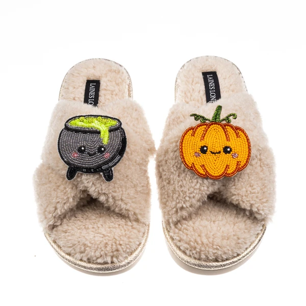 Laines London Boucle Slippers With Laines Lovables Pumpkin & Cauldron Halloween Brooches