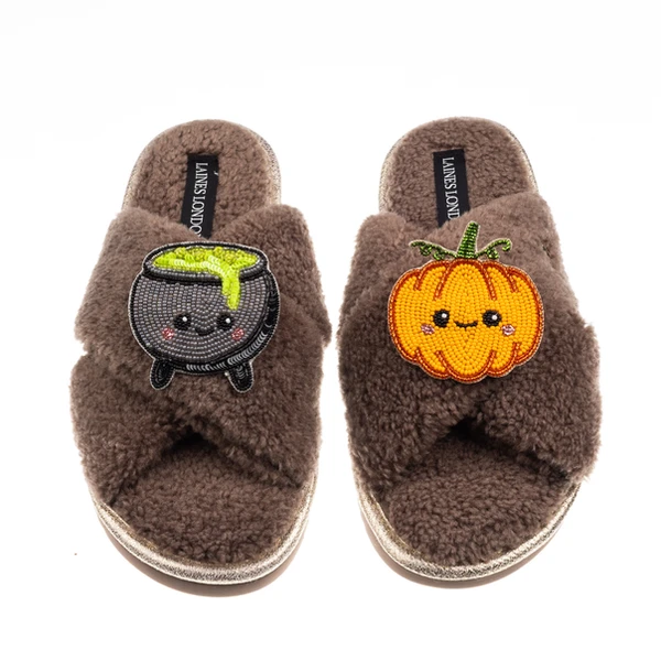 Laines London Boucle Slippers With Laines Lovables Pumpkin & Cauldron Halloween Brooches