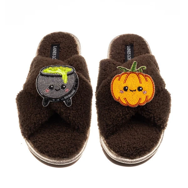 Laines London Boucle Slippers With Laines Lovables Pumpkin & Cauldron Halloween Brooches