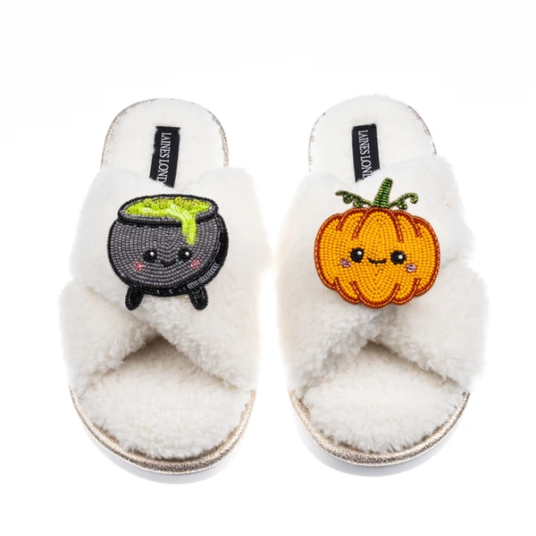 laines london Boucle Slippers With Laines Lovables Pumpkin & Cauldron Halloween Brooches