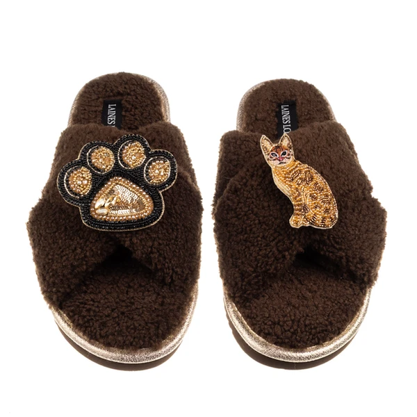 Laines London Boucle Slippers With Paw & Bengal Cat Brooches