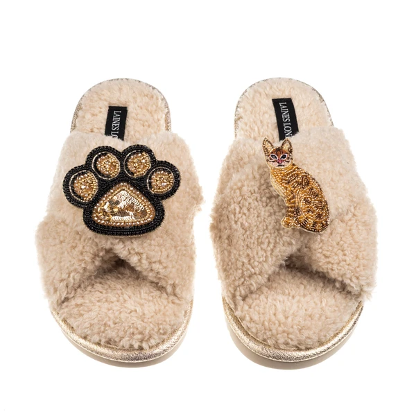 Laines London Boucle Slippers With Paw & Bengal Cat Brooches