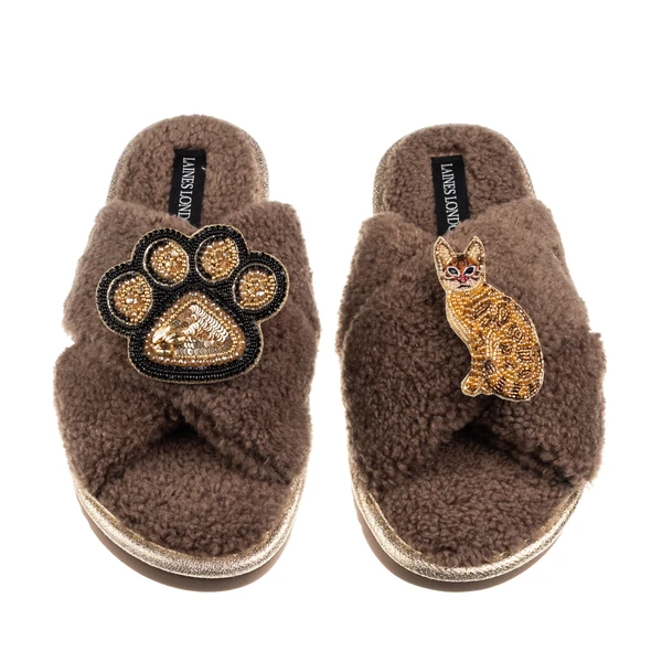 Laines London Boucle Slippers With Paw & Bengal Cat Brooches