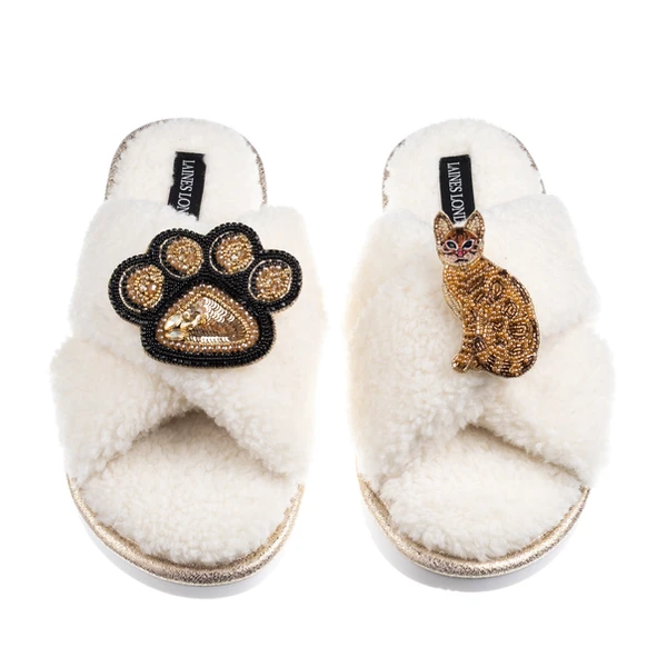 laines london Boucle Slippers With Paw & Bengal Cat Brooches