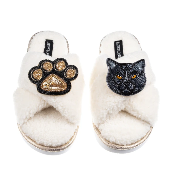Laines London Boucle Slippers With Paw & Black British Shorthair Cat Brooches