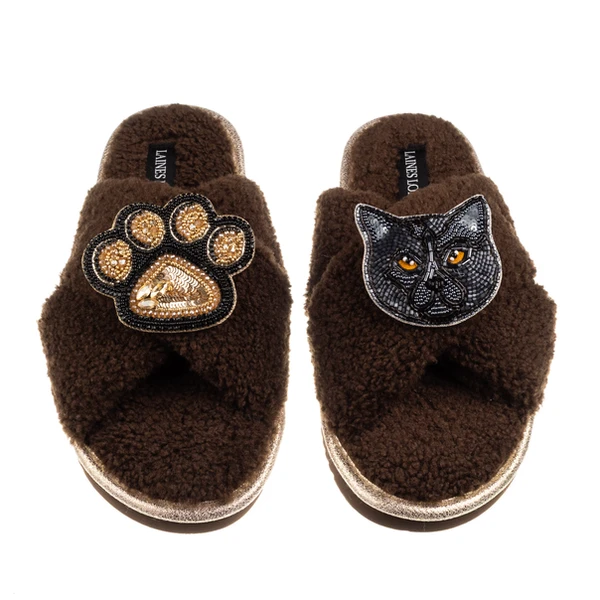 Laines London Boucle Slippers With Paw & Black British Shorthair Cat Brooches