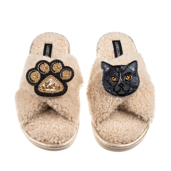 Laines London Boucle Slippers With Paw & Black British Shorthair Cat Brooches