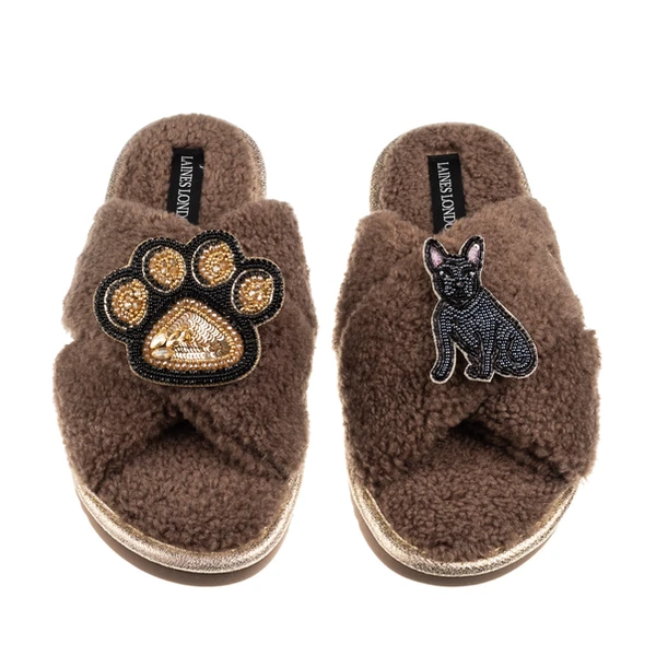 Laines London Boucle Slippers With Paw & Black Sitting French Bulldog Brooches