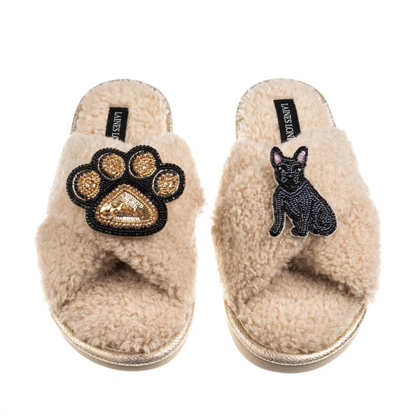 Laines London Boucle Slippers With Paw & Black Sitting French Bulldog Brooches