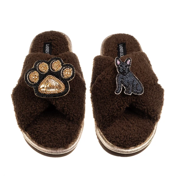 Laines London Boucle Slippers With Paw & Black Sitting French Bulldog Brooches