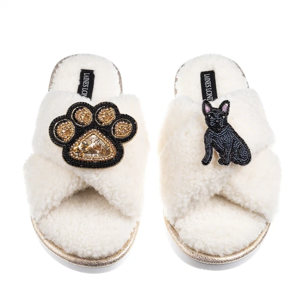 laines london Boucle Slippers With Paw & Black Sitting French Bulldog Brooches