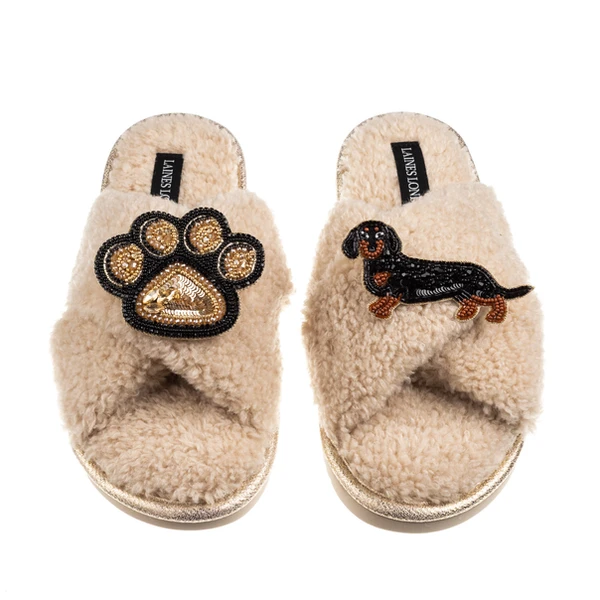 Laines London Boucle Slippers With Paw & Black & Tan Dachshund Brooches