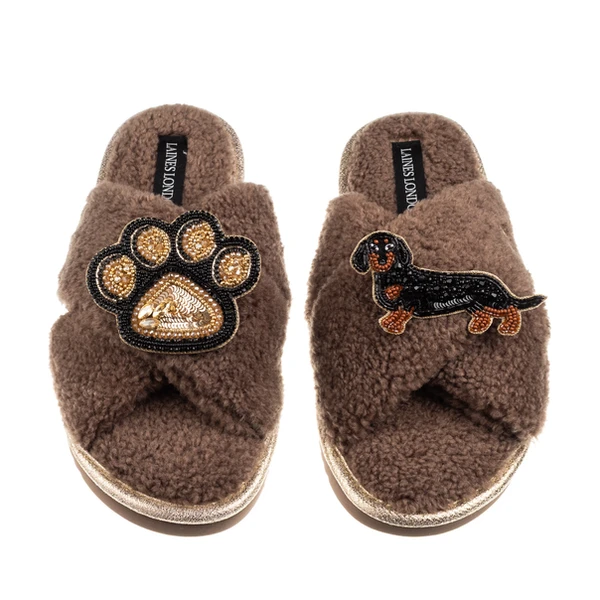 Laines London Boucle Slippers With Paw & Black & Tan Dachshund Brooches